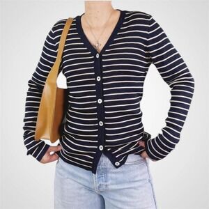 Lauren Ralph Lauren Petite Striped Silk Cardigan Navy White V Neck Button Front